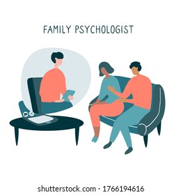 Family Psychologist. Online Counseling For Couple. Patients At Psychological Consultation. Flat Vector Illustration