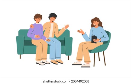 Family psychologist speaking with homosexual couple. Psychotherapy session. Relationship problems. Mental health. Vector flat  illustration  isolated on the white background.