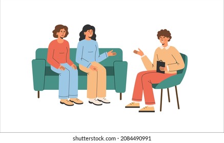 Family psychologist speaking with lgbt couple. Psychotherapy session. 
Relationship problems. Mental health. Vector flat  illustration  isolated on the white background.