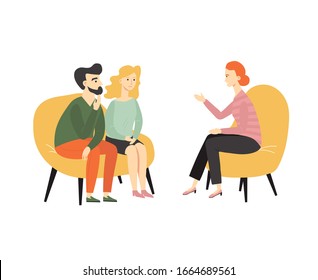 Family psychologist speaking with young maried couple, family psychotherapy design. Vector flat cartoon illustration