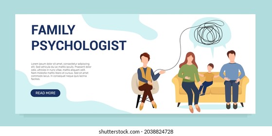 Family Psychologist Unraveling Tangle. Difficult Relationships In The Family. Problems Of Communication Between Parents And Children. Vector Banner Template.