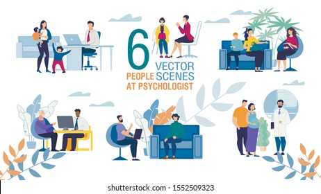 Family Psychologist Work Trendy Flat Vector Scenes Set. Female, Male Psychologists Counseling Patients, Psychotherapist Talking with Couple, Helping Parents, People Visiting Therapist Illustration