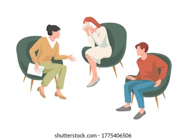 Family psychology and psychotherapy collection.Men and women or married couples sitting on chairs and talking to psychotherapist or psychologist.
