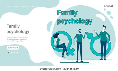 Family psychology.People use the services of a psychologist.The concept of helping families overcome crises.An illustration in the style of a landing page in green.