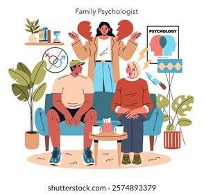 Family psychotherapist session illustration. A counselor advises a couple in a cozy office, fostering communication and understanding. Vector illustration.