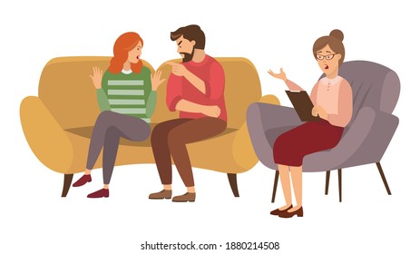 Family psychotherapy. Conversation between man and woman and female psychologist or psychotherapist. A couple of people quarrels. Angry man yells at girl. Girl is raising her hands in indignation