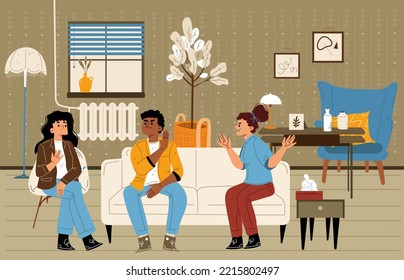 Family Psychotherapy, Psychologist Speaking With Couple In Conflict And Bad Relation. Young Husband And Wife Sitting On Couch At Doctor Cabinet Talk And Crying, Cartoon Linear Flat Vector Illustration