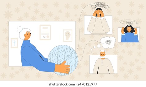 Family psychotherapy remote concept. Psychologist job online. Psychology consultation. Vector flat outline illustration.