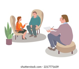 Family psychotherapy session. Conversation with a psychologist. Men and women talking to doctor about relationships problems