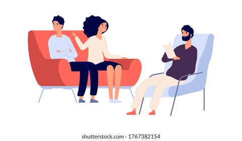 Family psychotherapy session. Psychotherapist talking with partners. Flat woman angry at man. People on sofa and psychologist vector illustration