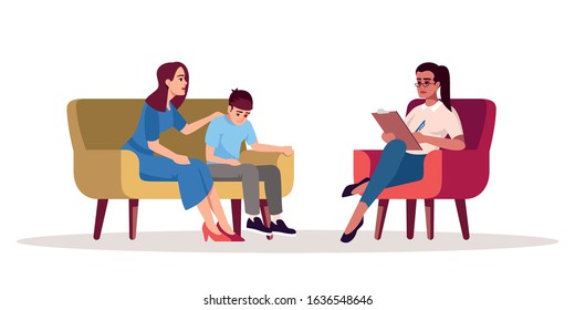 Family psychotherapy session semi flat RGB color vector illustration. Mother and son relationship. Family problems. Transitional age. Psychology consultation. Isolated cartoon character on white