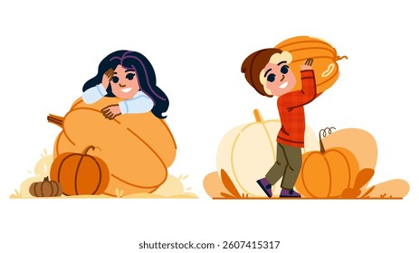 family pumpkin patch kid  vector.  fun maze, hayride scarecrow, tractor wagon family pumpkin patch kid character. people flat cartoon illustration