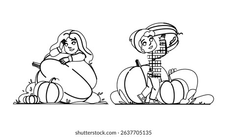 family pumpkin patch kid vector. fun maze, hayride scarecrow, tractor wagon family pumpkin patch kid character. people black line pencil drawing illustration