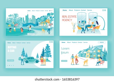 Family Purchases and Day Recreation Landing Page Set. Real Estate Agency, Car Buying Service Webpage. Couples with Children, Pets, Man and Woman Walking in Park. Vector Flat Illustration