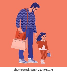 Family with purchases. Father with daughter holds shopper bags. Vector.