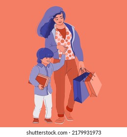 Family with purchases. Mother with son hold shopper bags. Vector.