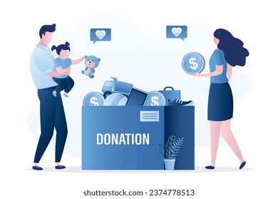 Family puts donation in large box. Donation concept banner. Things, toys and money in box. Volunteers or activists collect charity donations. Characters in trendy style. Flat vector illustration