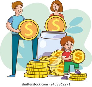 La familia pone dinero en la alcancía. Pequeño padre, madre e hijo invirtiendo en la futura Ilustración vectorial plana. Concepto de ahorro para presupuesto familiar, Anuncio, diseño de Sitio web o página de Web de aterrizaje