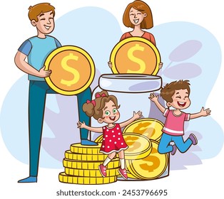 Family puts money in the piggy bank. Little father, mother and child investing in future flat vector illustration. Savings concept for family budget, banner, website design or landing web page