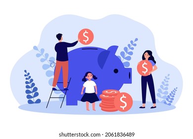 Family putting money coins in piggy bank. Tiny father, mother and child investing in future flat vector illustration. Family budget, savings concept for banner, website design or landing web page