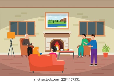 Family quality time near fireplace at home 2d vector illustration concept for banner, website, illustration, landing page, flyer, etc