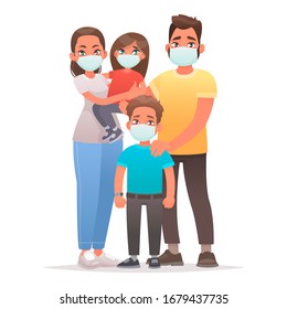 Family quarantined. Coronavirus protection. Dad, mom, son and daughter are wearing medical masks on their faces. Vector illustration in cartoon style