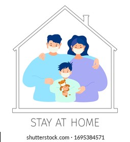 Family quarantined. Mom, dad and baby in the house. Vector illustration with the words stay home. Social advertising in support of self-isolation in connection with the coronavirus epidemic.