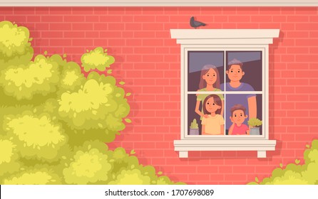 Family quarantined. Mom, dad, daughter and son look sadly out the window of the house. Stay at home. Vector illustration in cartoon style