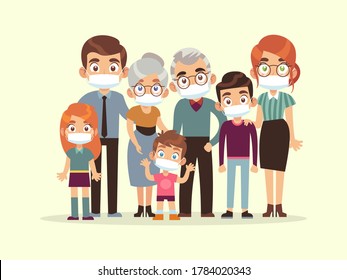 Family quarantined. Parents, grandparents and kids in medical masks standing protection against virus, stop spread of viruses flu and coronavirus, beware epidemic cartoon flat vector illustration