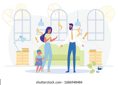 Family Quarrel. Angry Parents Conflict. Little Child Daughter Suffering. Problems and Bad Relationship between Wife and Husband. Arguing, Breakdown, Divorce Home Situation. Vector Illustration
