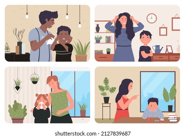 Family Quarrel Between Parent And Child Set Vector Illustration. Cartoon Angry Mother Character Quarreling, Scolding Crying Little Son Kid. Domestic Conflict, Abuse And Violence Concept Background