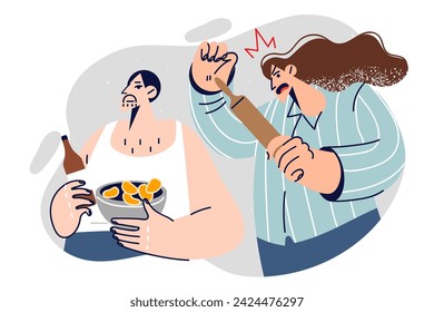 Family quarrel between spouses with wife shouting at alcoholic husband who does not want to go to work. Aggressive woman scolds alcoholic man with chips and bottle of beer in hands.