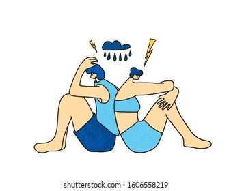Family quarrel concept. Married couple have bad relationship. Two friend sitting turned their backs to each other on the floor with bad mood because they had a fight. Vector illustration.