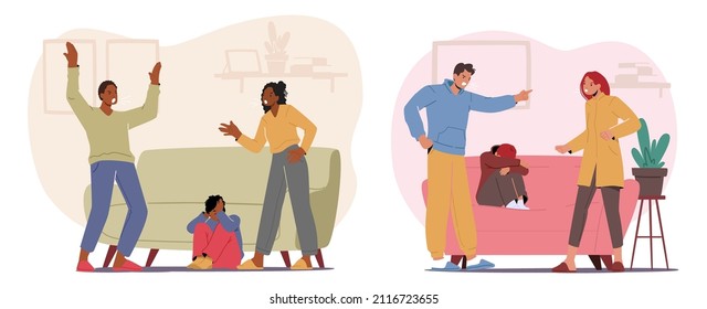 Family Quarrel, Conflict between Parents and Children Concept. Characters Mother and Father Yelling on Each Other, Blaming Daughter or Son, Scold for Bad Behaviour. Cartoon People Vector Illustration