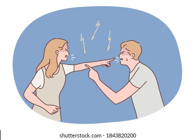 Family, quarrel, divorce, aggression, conflict concept. Angry aggressive couple man boyfriend woman girlfriend yelling and quarrelling together. Furious dispute discussion or disagreement illustration