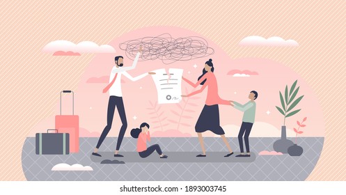 Family quarrel and divorce conflict involving children tiny person concept. Fight and arguing about marriage contract and relationship agreement vector illustration. Emotional and aggressive dispute.