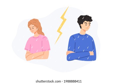 Family quarrel, divorce. Crisis in the relationship of a couple between a man and a woman. Resentment in a pair, looking in different directions. Vector symbol illustration isolated on white
