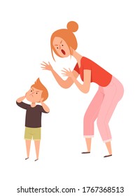 Family quarrel. Domestic abuse, woman scream on boy. Isolated sad toddler and angry mother vector illustration