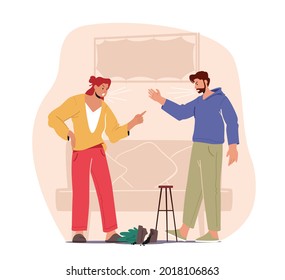 Familia Quarrel y Lucha. Personajes De Pareja Enojados Argumentando Gritando Culpándose Unos A Otros. Esposo frustrado y enfurecido relato de esposas, malas relaciones matrimoniales. Ilustración de vectores de personas de caricatura