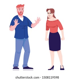 Family quarrel flat vector illustration. Emotional couple miff. Domestic dispute. Rage and fear. Angry woman and defending man isolated cartoon characters with outline elements on white background