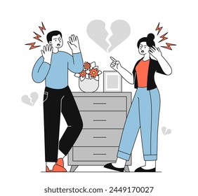 Family with quarrel linear. Man and woman scream at each others. Negatvie feelings and emotions. Family with divorce. Husband and wife, girlfriend and boyfriend. Doodle flat vector illustration