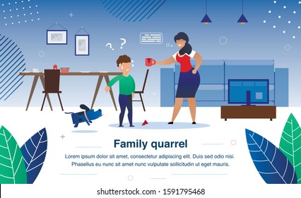 Family Quarrel, Parenting And Child Discipline Problems Trendy Flat Vector Banner, Poster Template. Angry Mother Arguing On Worried Son Because Or Broken Cup, Boy Shifting Blame On Dog Illustration