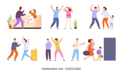 Family quarrel. Parents argue or fight, wifes abuse domestic violence sad childhood families conflict married crisis couple problems behaviour husband, splendid vector illustration. Conflict in family