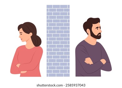 Family quarrel, relationship conflict and misunderstanding in couple.Unhappy Young Couple divided by brick wall. Divorce, breakup, separation concept. Vector illustration