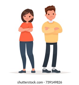 Family quarrel. Unhappy couple. Conflict in relations, disagreements. A man and a woman are angry with each other. Vector illustration in a flat style