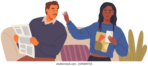 Family quarrel. Unhappy couple. Relationship conflict between husband and wife, disagreement. Man and woman are angry at each other. People dont make time for each other. Misunderstanding in