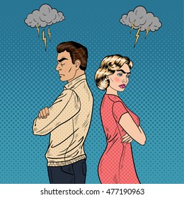 Family Quarrel - Unhappy Young Couple Standing Arms Crossed. Pop Art Vector illustration