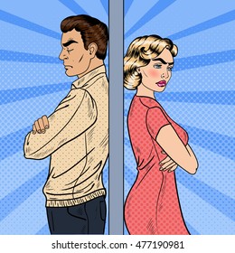 Family Quarrel - Unhappy Young Couple Standing Arms Crossed. Pop Art Vector illustration