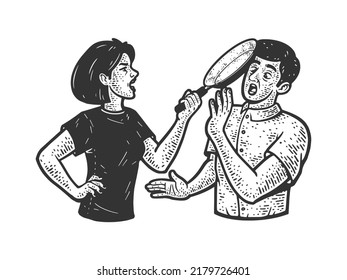 Family quarrel. Wife hits her husband on head with frying pan sketch engraving vector illustration. T-shirt apparel print design. Scratch board imitation. Black and white hand drawn image.