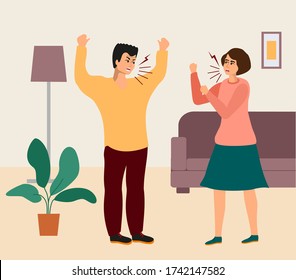 Family quarrel. Young couple quarrel. 
 People shouting, quarrel illustration. Screaming boy and girl, angry people. Angry girl and boy, man quarrel with woman